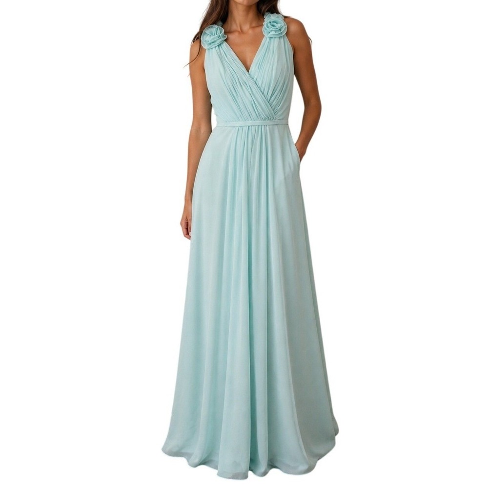 Allure Bridals‎ Bridesmaids Mint Green Rosette Chiffon Maxi Dress Size 16 Formal